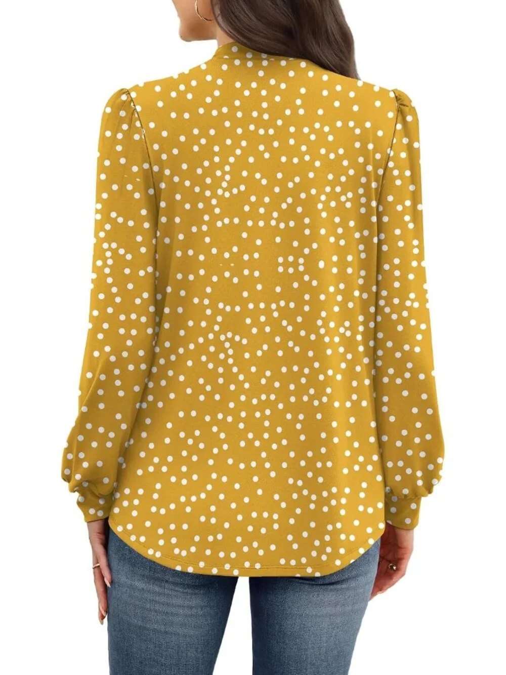 Women's Yellow Long Sleeve Shirt Pleated Front Blouses Dressy Mock Neck Top